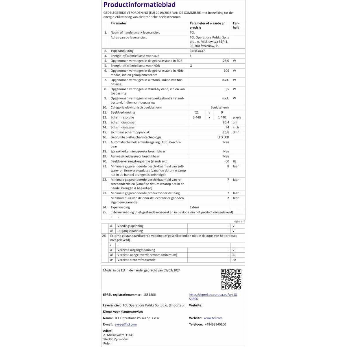 Tcl Monitor Tcl 34R83Q Lcd 37"